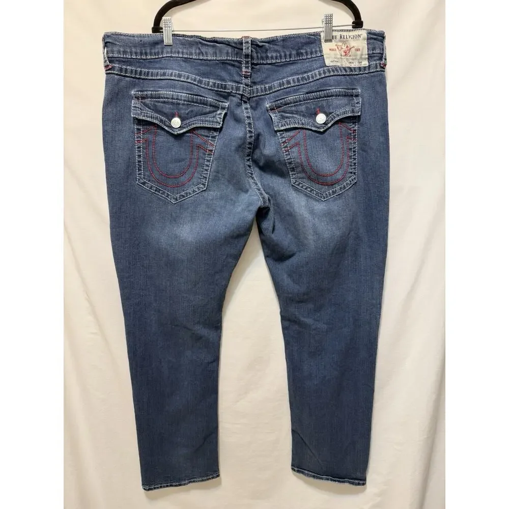 True Religion Ricky Mens Relaxed Straight Leg Blue Jeans Sz 42x33 Red Stitching